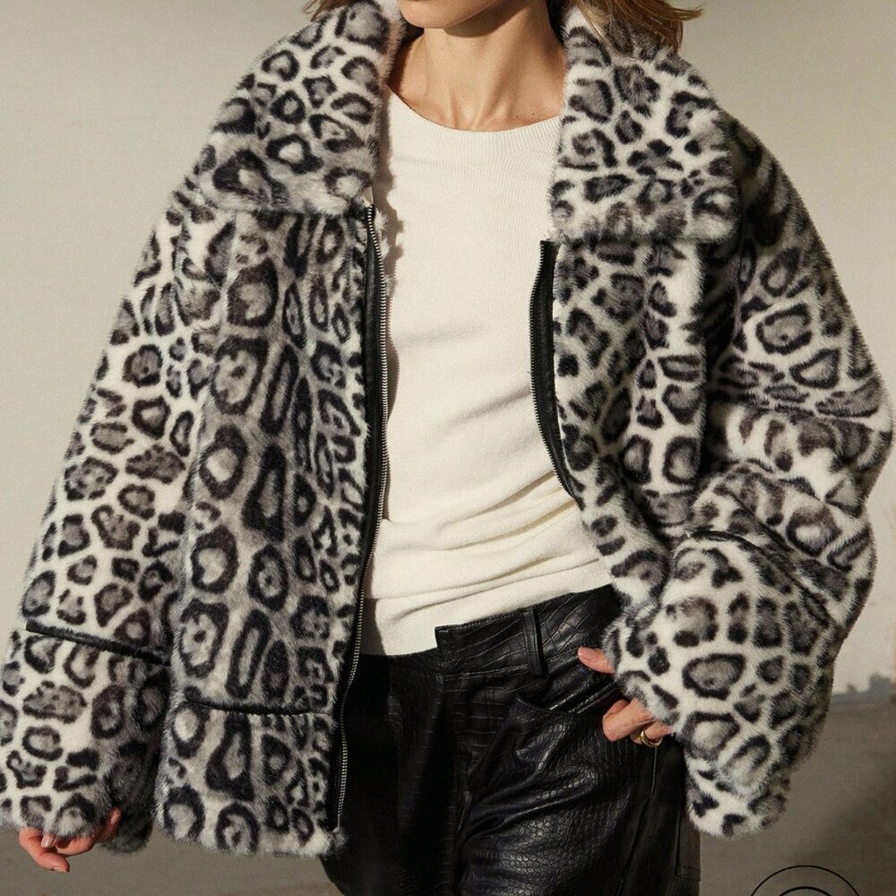 Black And White Casual Women's Mink Faux Leather Coat Jacket